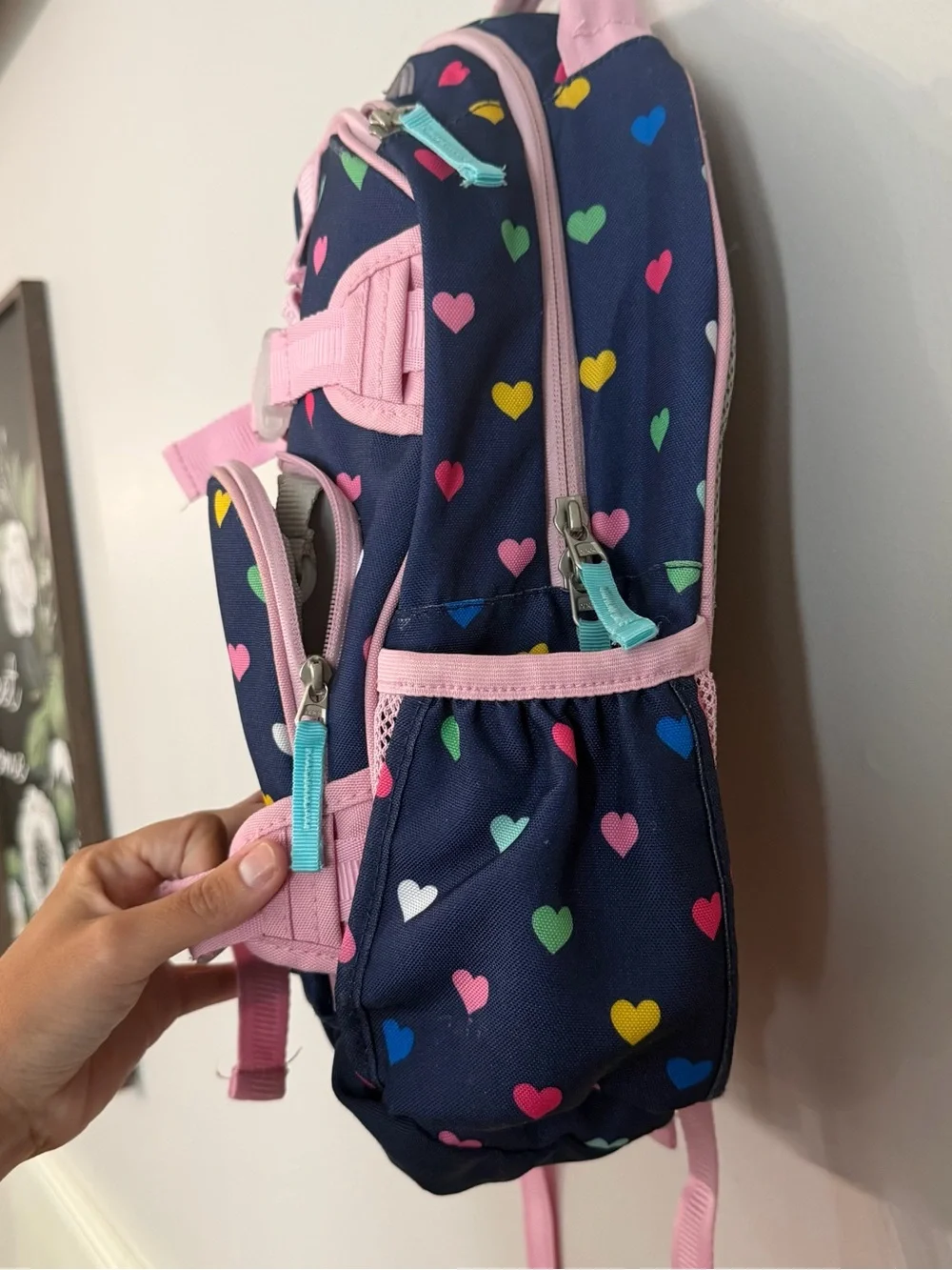 Pottery Barn Kids Navy & Pink Heart Backpack with Lucy Embroidered GUC
